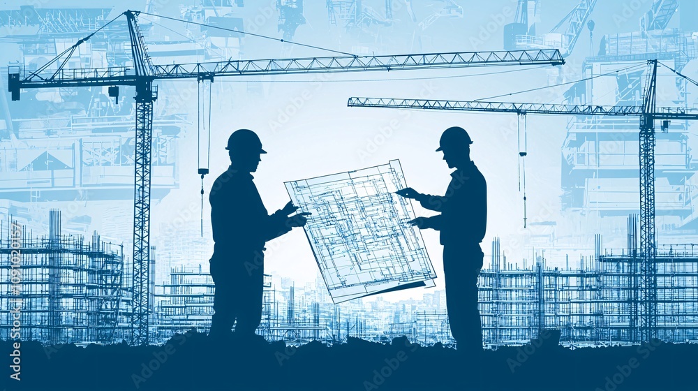 Fototapete Civil engineers inspecting a detailed blueprint on a construction site with cranes and scaffolding in the background and side empty space for text Stockphoto style