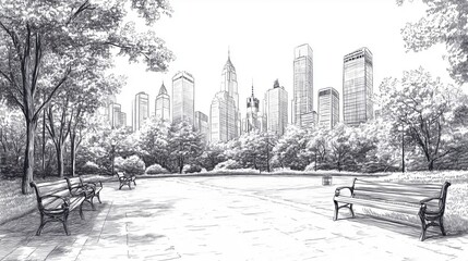 Fototapeta premium Monochrome cityscape drawing hand-drawn urban scene on a white background, portraying a serene park in the middle of a city, with trees, benches, and skyscrapers in the backdrop