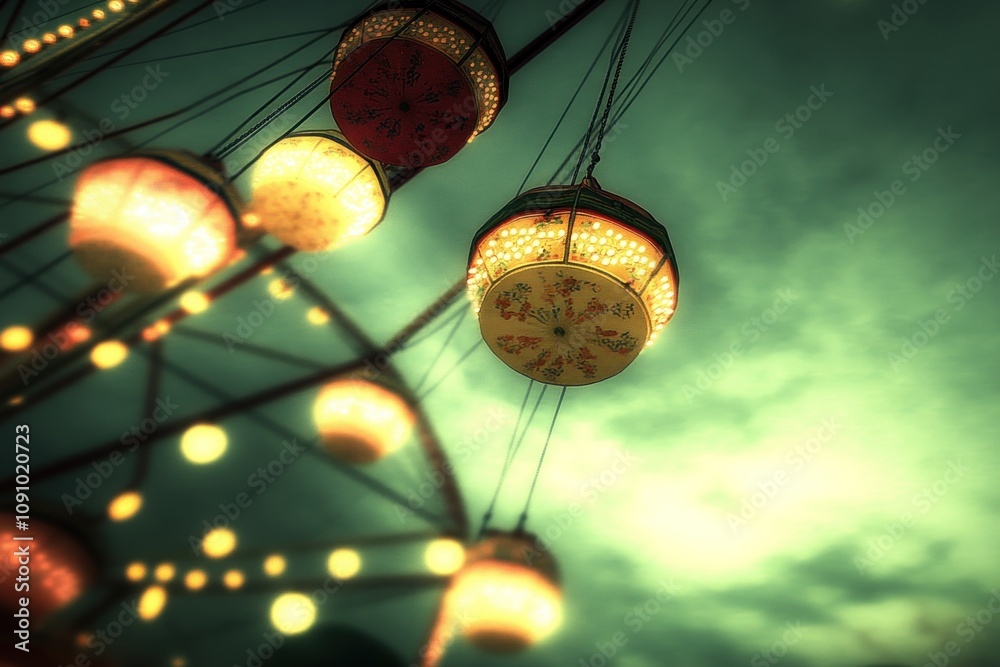 Poster a dreamy view of illuminated lanterns against a moody sky, evoking a festive atmosphere.