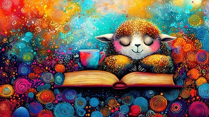   A painting depicts a sheep reading a book while sipping coffee and using a bookmark