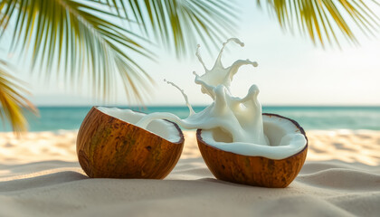 Obraz premium Tropical Beach Scene with Coconut and Liquid Splash Shaping a Woman, Symbolizing Self-Care and Skin Hydration