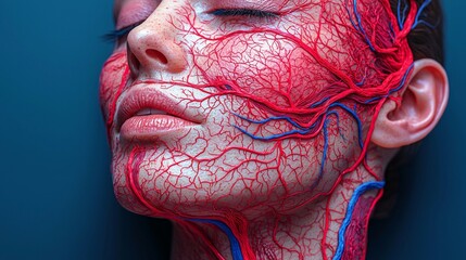 professional diagram showcases intricate facial vascular network essential injective cosmetology highlighting key arteries and veins clear labeling training purposes.