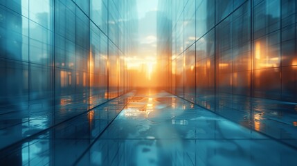 Fototapeta premium Abstract Blurred Glass Building Interior with Blue Light and Shadows, 3D Rendering Business Concept