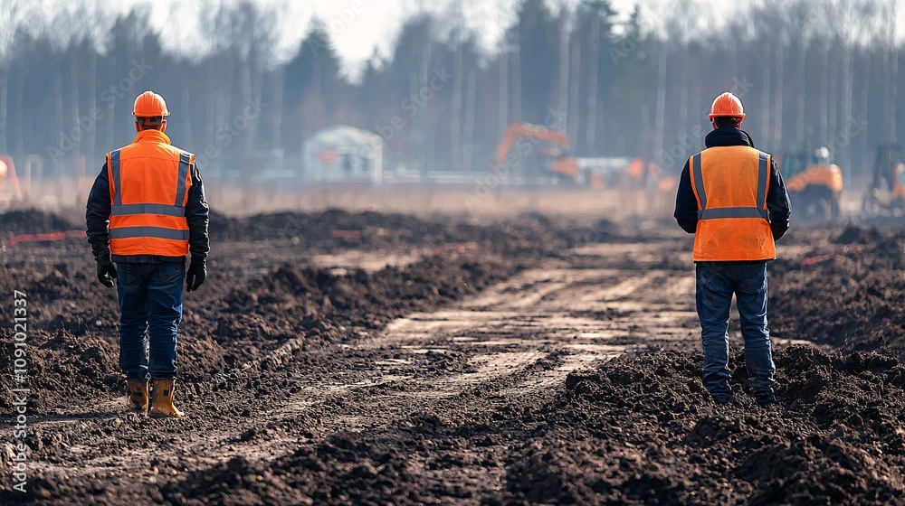 Poster Engineers in reflective vests analyzing soil samples at a construction site to determine foundation stability with side empty space for text Stockphoto style