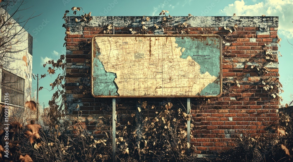 Poster An abandoned structure featuring a weathered map sign, surrounded by overgrown vegetation.