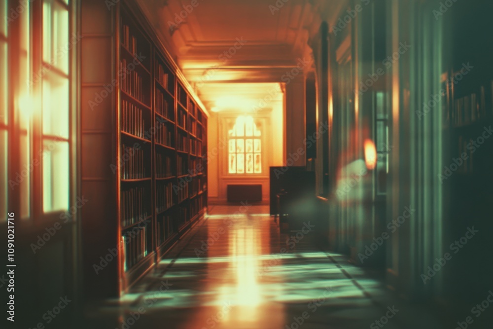 Poster a serene library corridor illuminated by warm light, inviting exploration and knowledge.