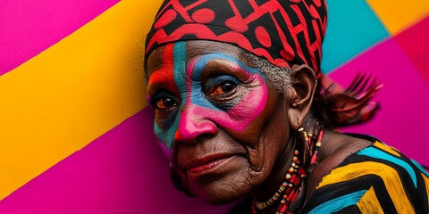 Papua new guinean senior woman wearing colorful traditional face paint and clothing, posing against a vibrant, geometrically painted backdrop representing her rich cultural heritage