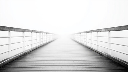 Fototapeta premium A minimalistic black and white photo of a boardwalk stretching into a foggy, infinite horizon, emphasizing serene solitude and endless possibilities.