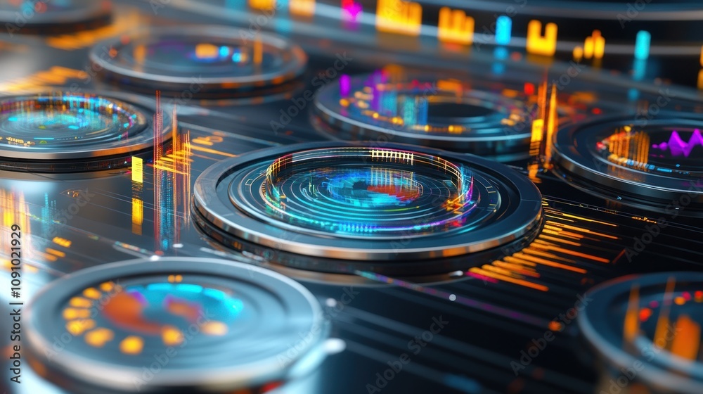 Aufkleber A futuristic digital interface with circular displays and vibrant data visualizations.
