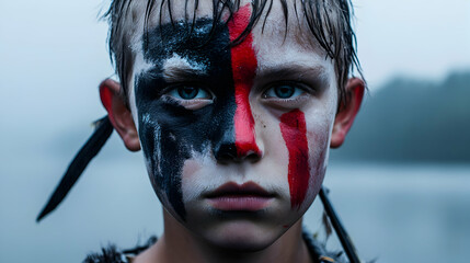 Young boy, adorned with traditional viking war paint, stands as a symbol of strength and bravery, his intense gaze reflecting the spirit of a warrior