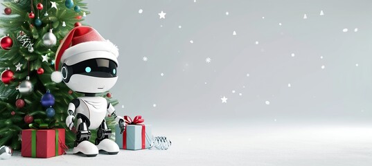 Naklejka premium Futuristic 3D Character Cartoon Cute AI Robot Santa Claus Suit Christmas Tree Gift Boxes Modern Christmas Concept White Background Copy Space