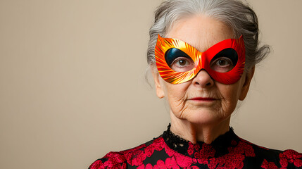 Studio portrait of elegant senior woman wearing colorful mask with neutral expression, posing for camera against beige background