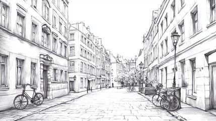 Obraz premium Monochrome cityscape drawing hand-drawn urban scene on a white background, portraying a serene park in the middle of a city, with trees, benches, and skyscrapers in the backdrop