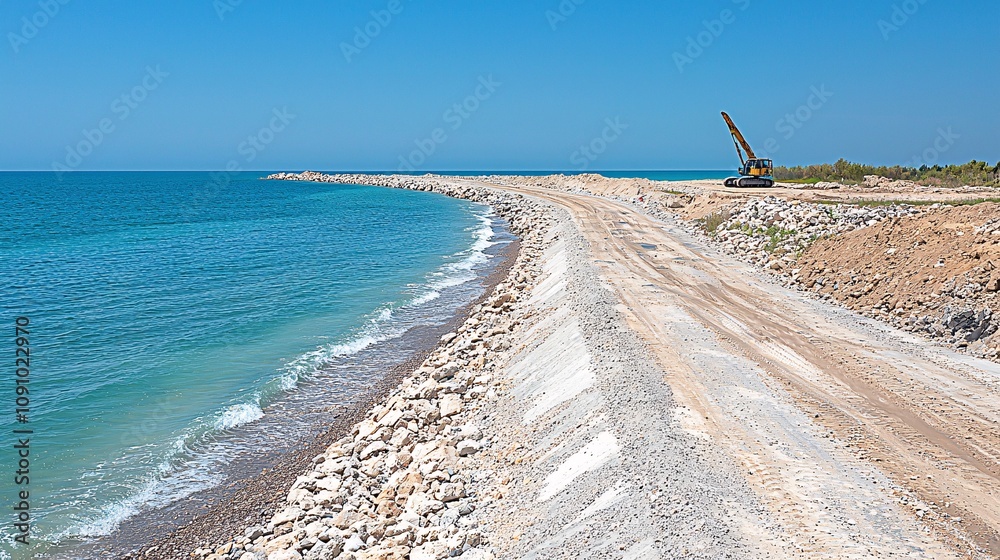 Poster coastal engineering project featuring wave breakers and sea walls under construction with heavy equi