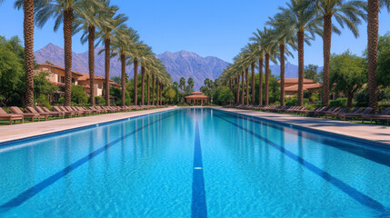 Palm Springs Oasis: A stunning view of a long, pristine pool, flanked by rows of towering palm trees, with the majestic San Jacinto Mountains as a breathtaking backdrop.