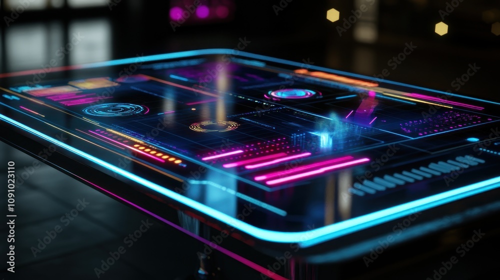 Aufkleber A futuristic interactive table displaying vibrant digital interfaces and data visualizations.