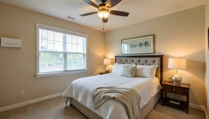 A cozy bedroom with a large bed, a ceiling fan, and a window with blinds. The room has warm lighting and a neutral color scheme
