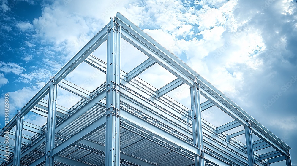 Poster An unfinished railway bridge with intricate metal trusses under a partly cloudy sky and side empty space for text Stockphoto style