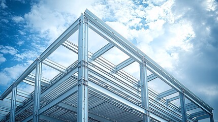 An unfinished railway bridge with intricate metal trusses under a partly cloudy sky and side empty space for text Stockphoto style