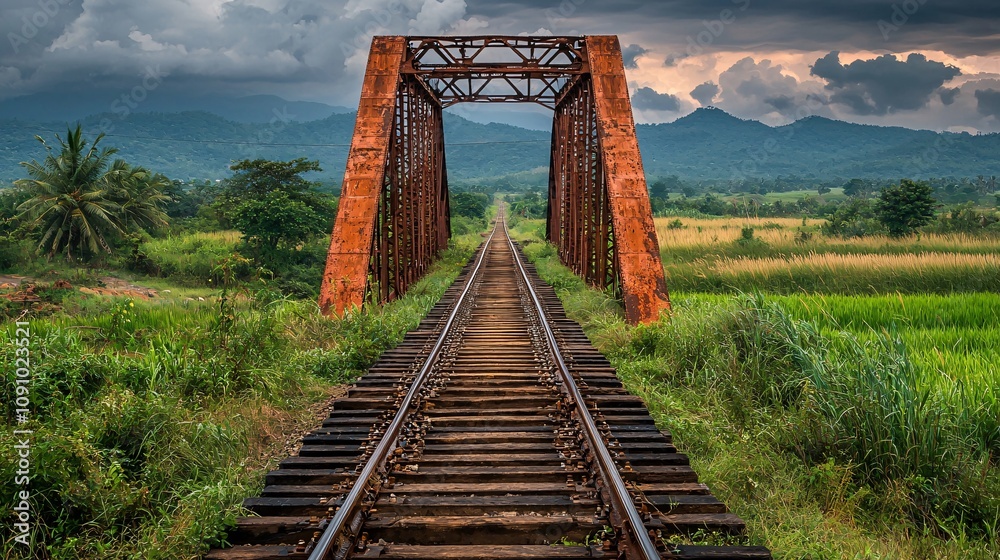Poster An unfinished railway bridge with intricate metal trusses under a partly cloudy sky and side empty space for text Stockphoto style