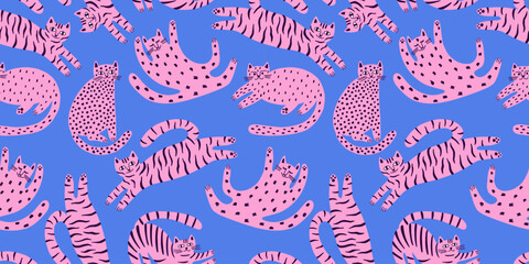 Seamless pattern with funny modern cats. Illustration for card, print on clothes. Vector cute kitten. Hand drawn background for design and card, covers, package, wrapping paper. © bosotochka