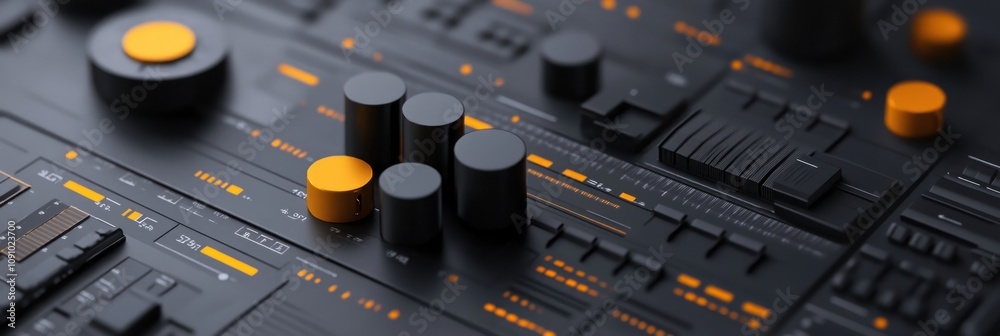 Poster close-up of a modern audio mixer with knobs and buttons in black and orange.