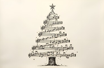 A Christmas card. A Christmas tree made of notes with a star on top on aged paper