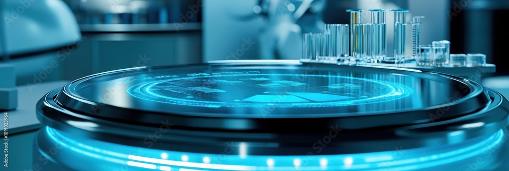 Aufkleber a futuristic laboratory with a glowing interface and glassware for scientific experimentation.