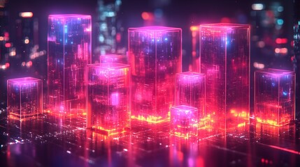 Fototapeta premium A vibrant 3D bar chart with transparent bars and holographic overlays on a digital grid