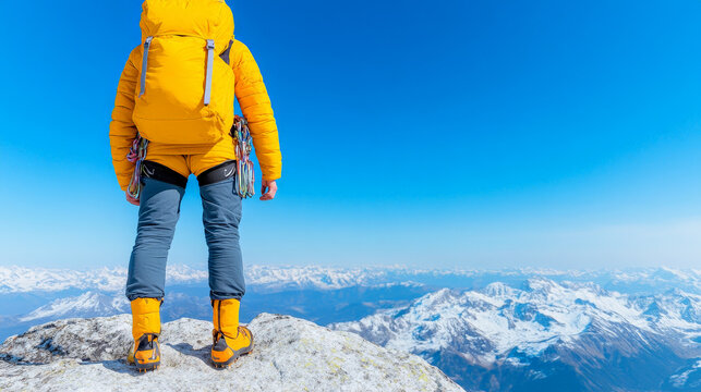 Summit Conquered: A lone hiker stands triumphantly on a mountain peak, gazing out at a breathtaking panorama of snow-capped peaks and a vast blue sky. The image evokes a sense of accomplishment.