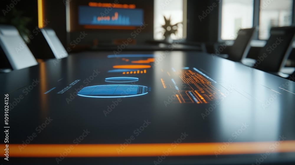 Poster A modern conference table with digital displays showcasing data and analytics.