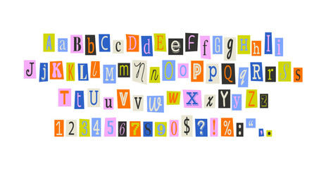Collage font colorful cutout letters, cut pieces paper alphabet.Cuts from newspaper, anonymous message style. © bosotochka