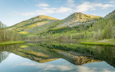 natural landscape featuring a pristine lake surrounded by lush greenery. A wooden footbridge arches gracefully over the water