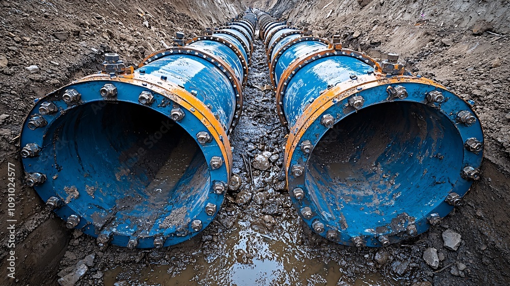 Aufkleber Modern urban water drainage system with visible piping and engineered flow control mechanisms and side empty space for text Stockphoto style