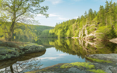 natural landscape featuring a pristine lake surrounded by lush greenery. A wooden footbridge arches gracefully over the water