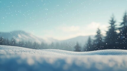 Fototapeta premium Snowfall blankets a serene landscape with evergreen trees and a bright blue sky