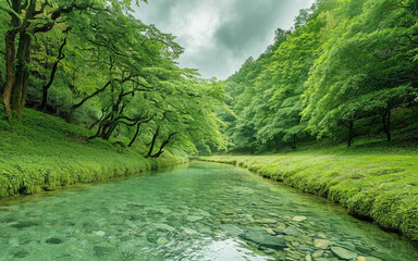 natural landscape featuring a pristine lake surrounded by lush greenery. A wooden footbridge arches gracefully over the water