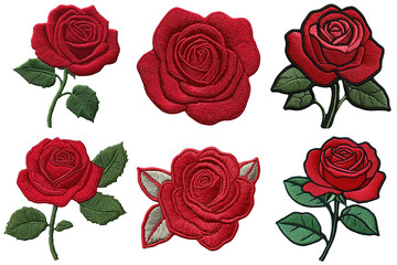 Obraz premium A set of embroidered roses in various sizes and styles isolated on transparent or white background, png