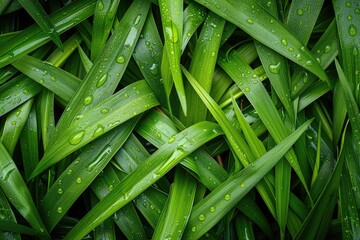Fresh green grass with dew drops. This image is perfect for designs related to nature, freshness, and growth.