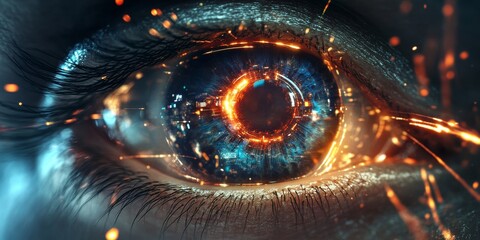 Futuristic macro eye showcasing high technology for advanced virtual reality and communication. This macro eye embodies the concepts of biometric and retinal scanning, focusing on personal data