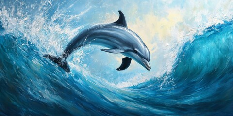 Naklejka premium Dolphin leaps gracefully through ocean waves, showcasing the playful nature of dolphins. This captivating wildlife scene captures the essence of a bottlenosed dolphin in vibrant blue waters.