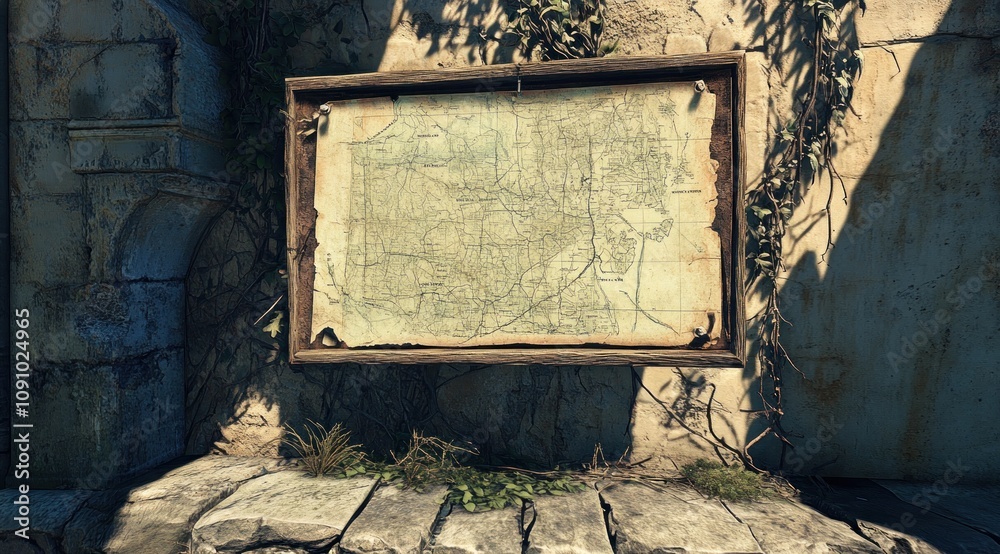 Poster A weathered map displayed on a wall, surrounded by greenery, indicating a historical or geographical area.