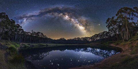 Stunning panoramic view showcasing a serene lake and lush forest at night, highlighting luminous stars and the Milky Way captivatingly stretching across the sky.