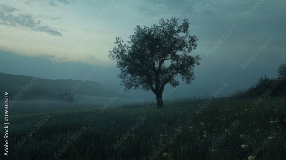 Poster a tree stands alone in a field of tall grass