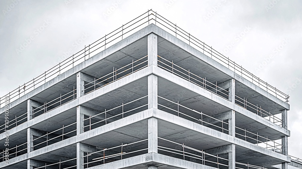 Aufkleber A multi-story parking structure under construction with visible scaffolding and steel frames and side empty space for text Stockphoto style