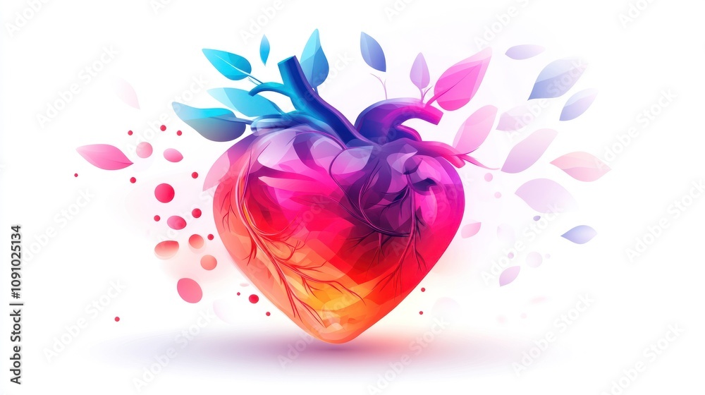 Aufkleber a vibrant, artistic representation of a heart surrounded by leaves and abstract shapes.