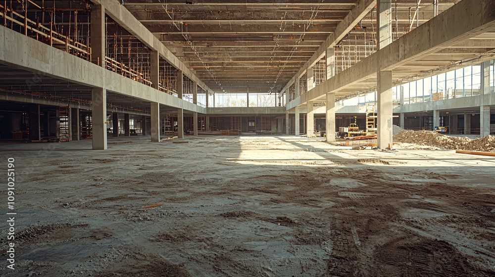 Poster A multi-story parking structure under construction with visible scaffolding and steel frames and side empty space for text Stockphoto style