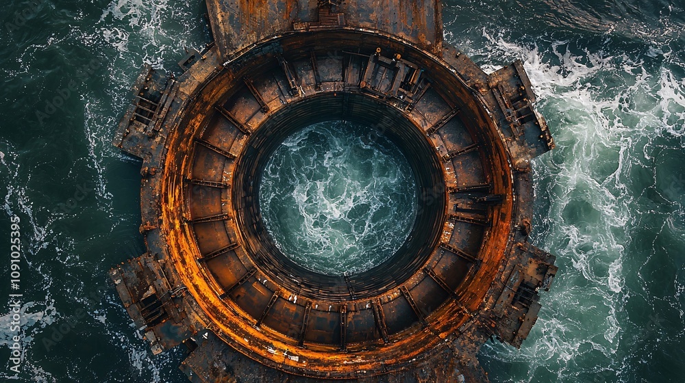 Poster Overhead view of a hydroelectric dam showcasing intricate engineering and water flow management with side empty space for text Stockphoto style