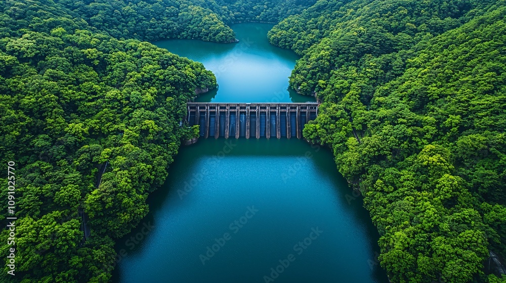 Poster Overhead view of a hydroelectric dam showcasing intricate engineering and water flow management with side empty space for text Stockphoto style