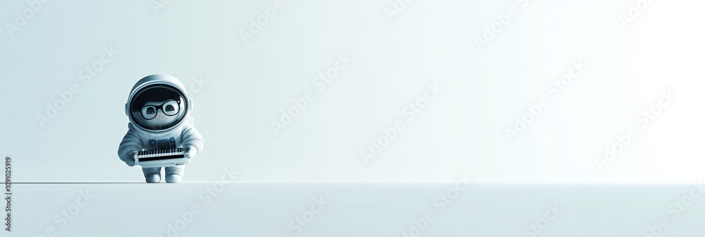 Aufkleber A small figure in a spacesuit stands on a minimalistic surface, holding a device.